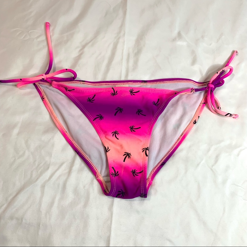 OP Tie Bikini Bottom - Palm Tree Print on Pink & Purple Background